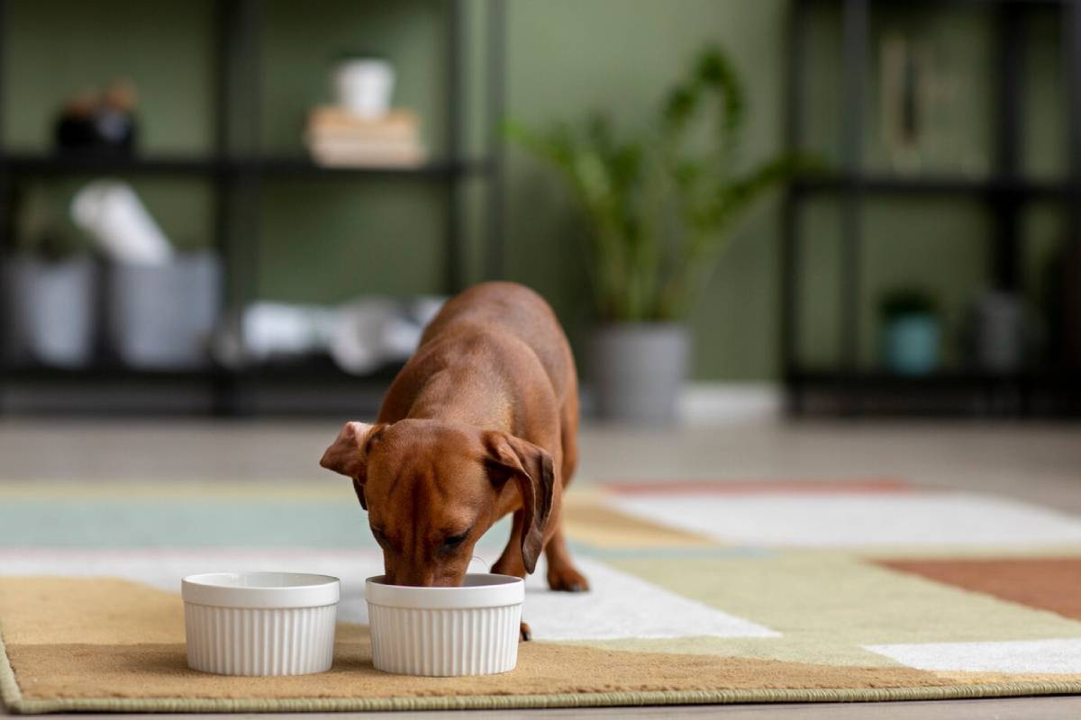 A brown dachshund sniffs two white food bowls on a colorful rug in a cozy, modern living space. Plants and shelves are in the background.