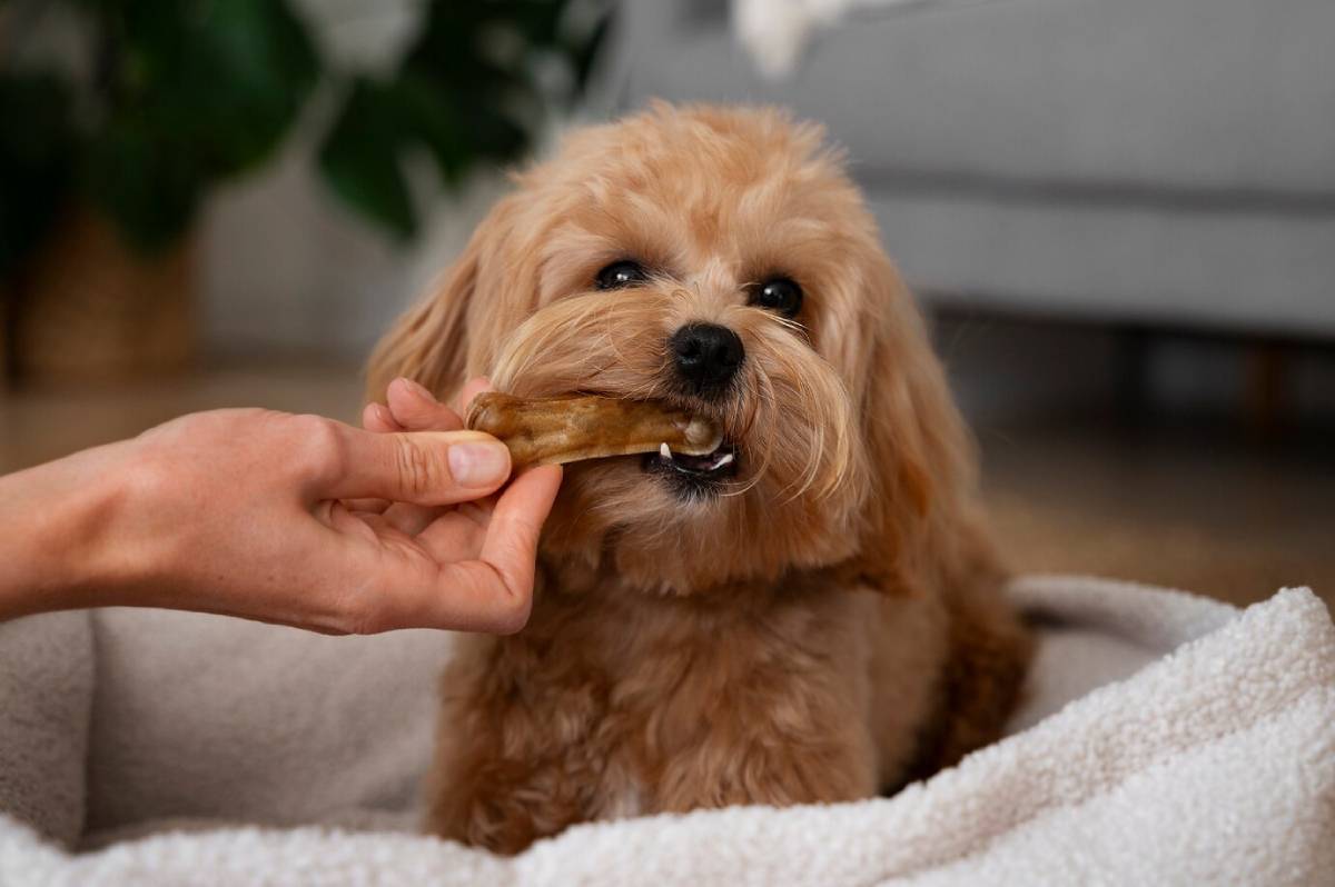  A fluffy brown dog happily gnaws on a bone, while a hand offers it a treat, both sitting on a cozy blanket indoors.