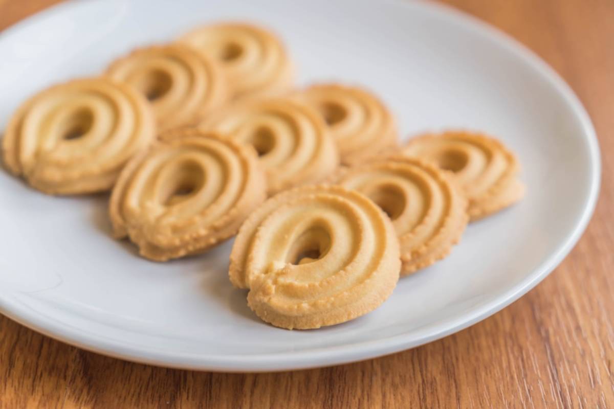 A plate of peanut butter Biscuits arranged in a row, showcasing their delicate, ridged patterns and inviting appearance. 