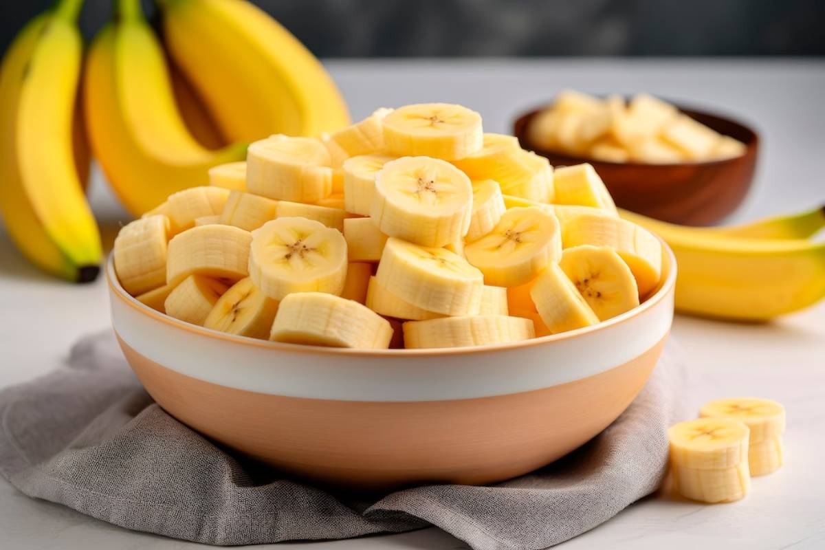 A bowl filled with sliced bananas sits on a gray cloth, with whole bananas and more slices in the background.