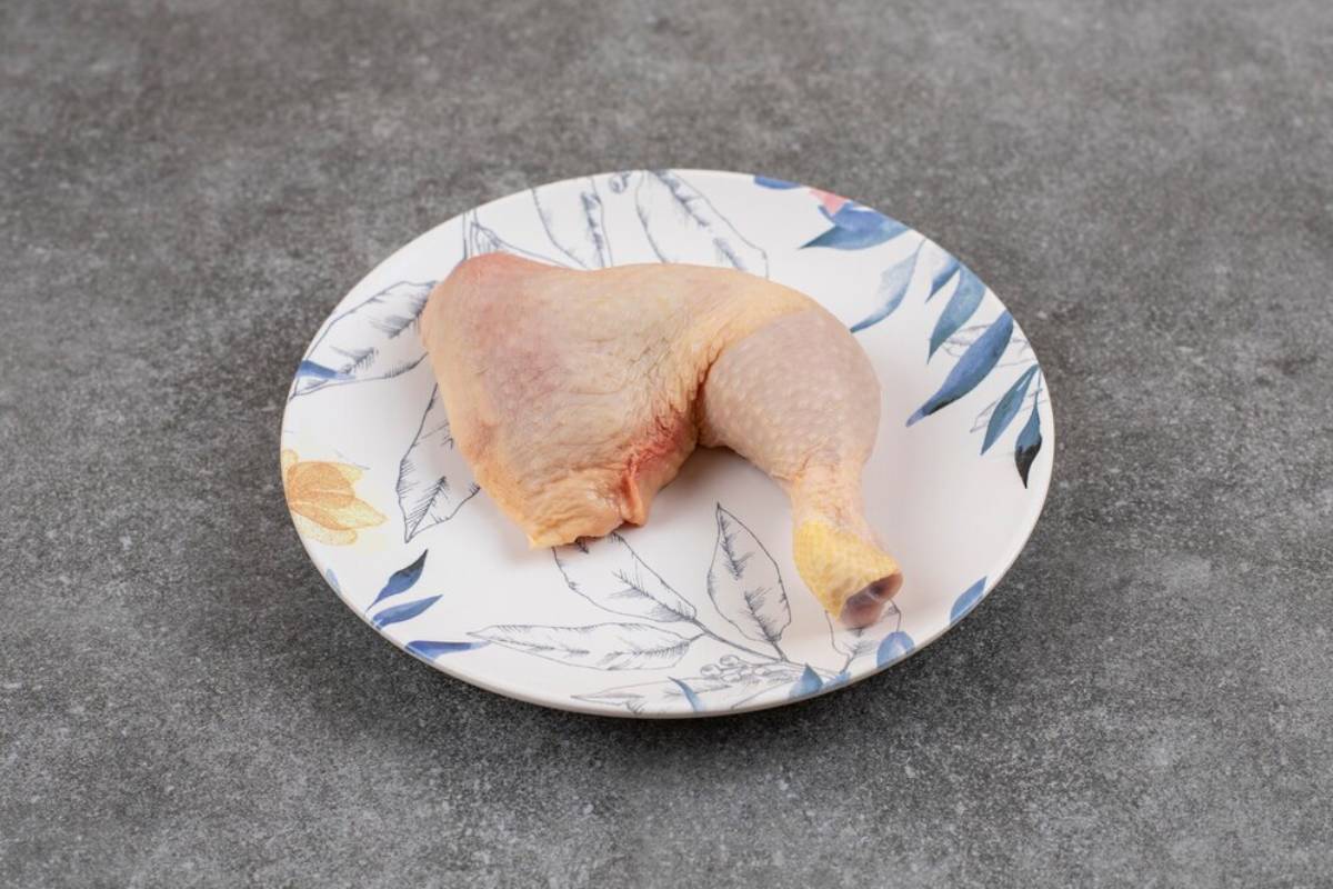 A raw chicken drumstick rests on a decorative white plate with floral patterns, against a gray surface. 