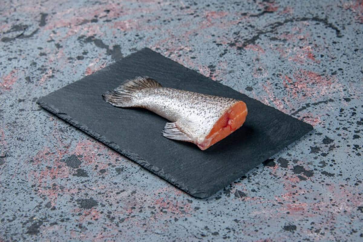 A piece of fish with a metallic skin and orange flesh, resting on a black slate on a textured, colorful surface.