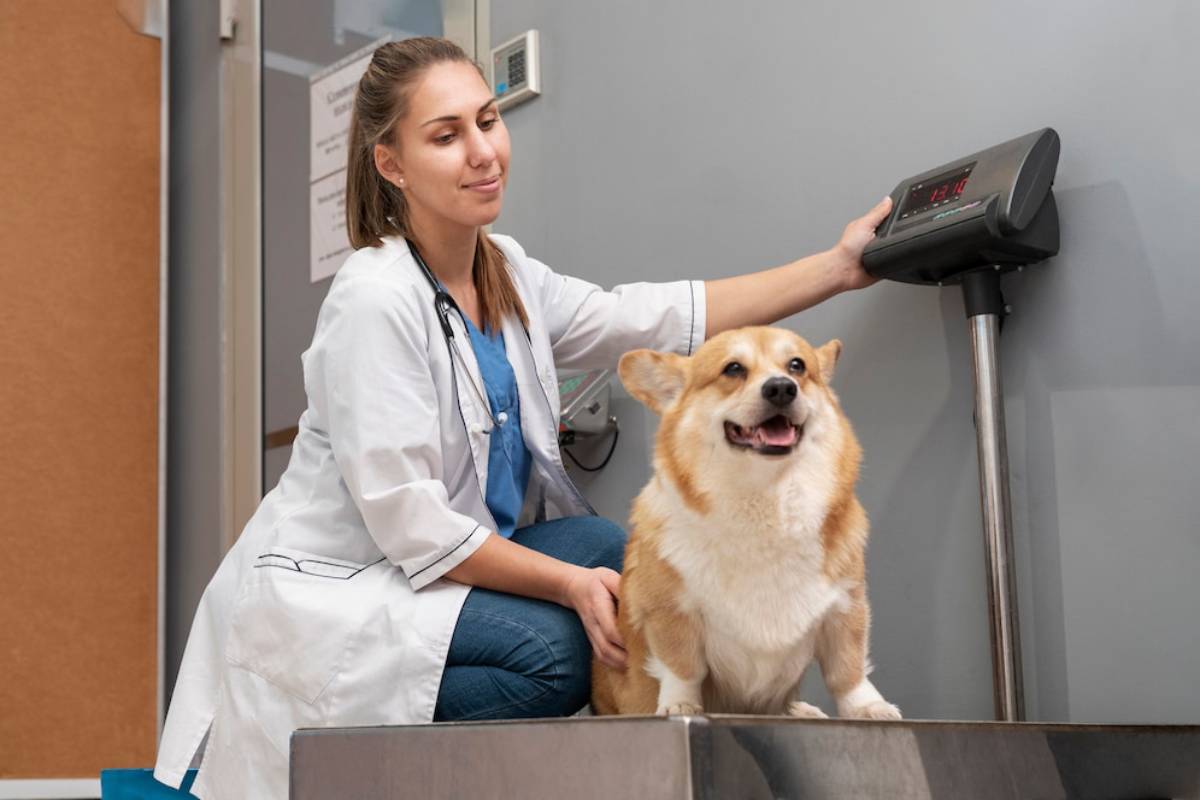  A smiling corgi stands on a scale in a veterinary clinic while a veterinarian adjusts the display.