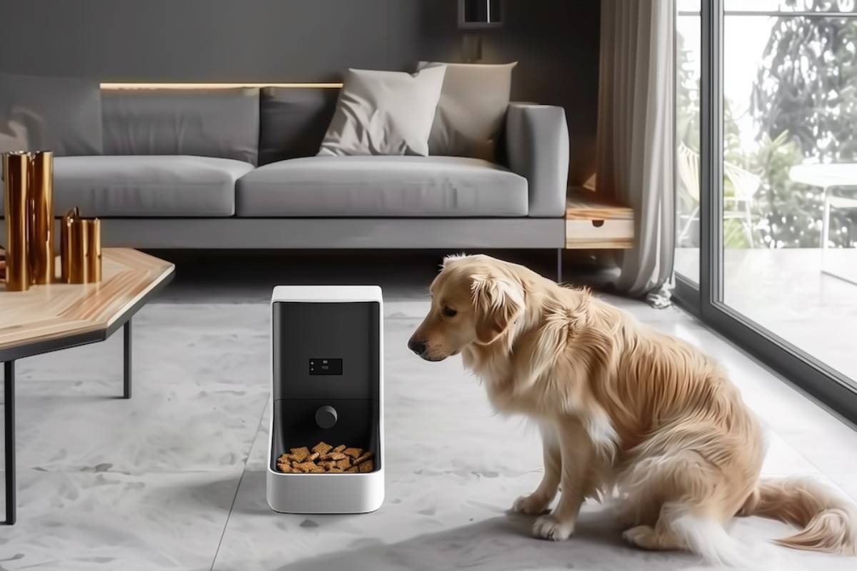 A golden retriever sits beside a modern dog food dispenser in a stylish living room with a gray sofa and large windows.