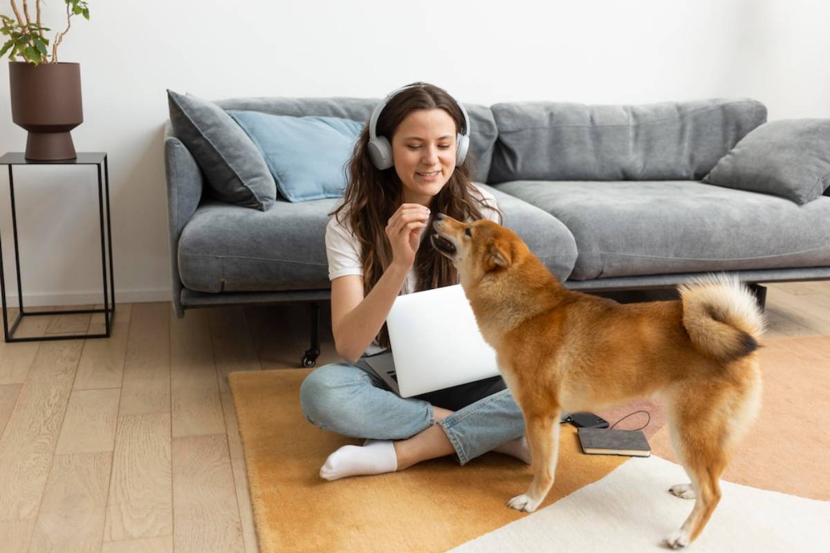 A person sitting on the floor with a laptop, giving treat to dog in a cozy living room setting. 